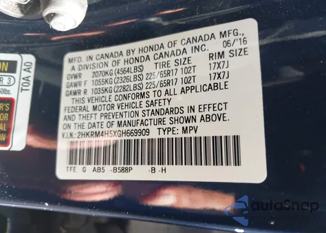 2016 Honda Cr-V Ex z USA, uszkodzony, nr VIN 2HKRM4H5XGH669909